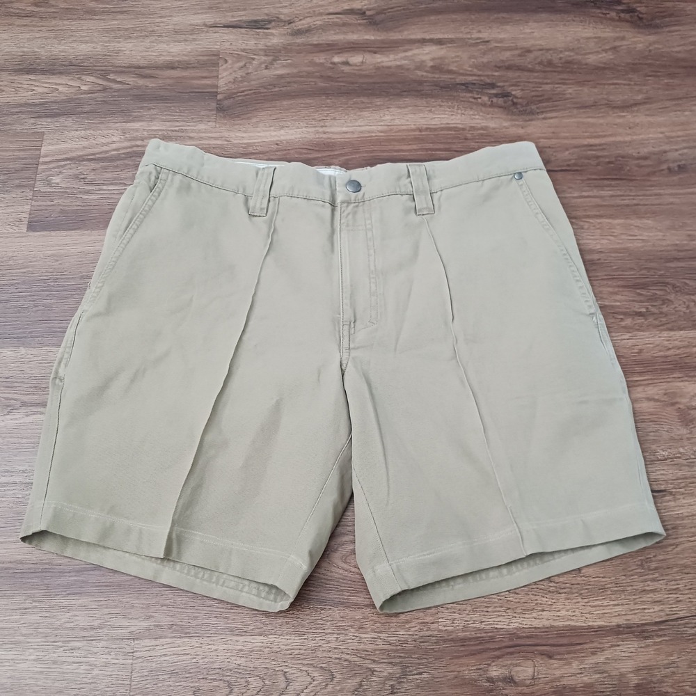 Columbia Mens Khaki Cotton Canvas Chino Shorts 36W 10L Custom Pleated Tan